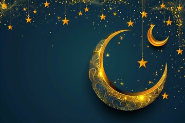 Naklejka premium A golden crescent and stars on a dark background.