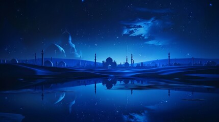 A night scene with a city and water.