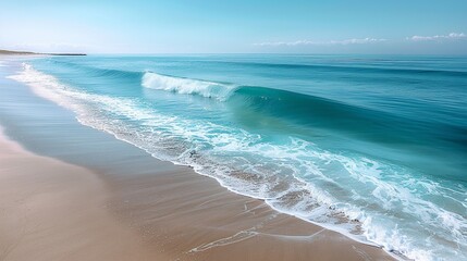 A serene ocean scene with gentle waves and a sandy beach, creating a calming and tranquil atmosphere. Minimal and Simple,