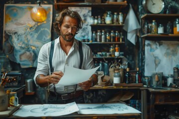 Fototapeta premium The image portrays a creative professional in a vintage artist studio