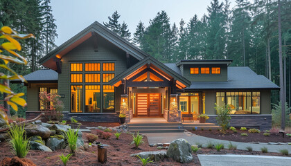 Obraz premium Contemporary Craftsman Style New Construction Green House with Clean, Modern Architecture in a Forested Setting
