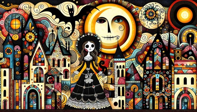 D&iacute;a de los muertos, Halloween, pintura facial, arte, arte g&oacute;tico, bruja, mujer, calabaza, cuervo, murci&eacute;lago, embrujo, p&oacute;cima, hada, calavera, ilustraci&oacute;n, cuento, storybook, retrato, cara, mu&ntilde;eca