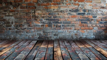  rustic wall and floor background with exposed brick walls and wooden planks.