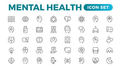 Mental health outline icon set. Containing depression, bipolar, PTSD, panic and mind disorder icons. Psychology solid symbol illustration.