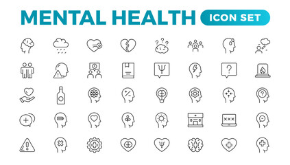 Mental health outline icon set. Containing depression, bipolar, PTSD, panic and mind disorder icons. Psychology solid symbol illustration.
