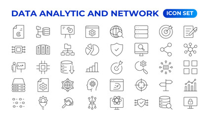 Big data analysis thin line icon set. Data processing outline pictograms for website and mobile app GUI. Digital analytics simple UI, UX vector icons
