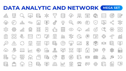 Big data analysis thin line icon set. Data processing outline pictograms for website and mobile app GUI. Digital analytics simple UI, UX vector icons