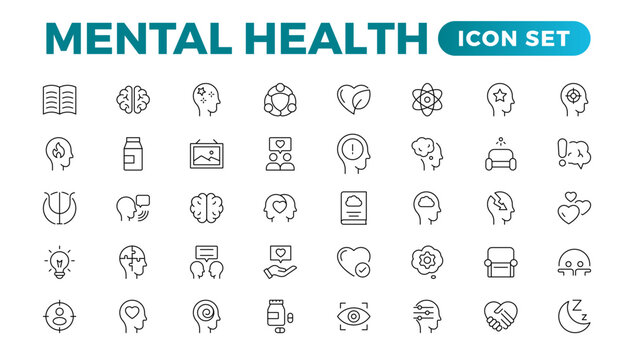 Mental health outline icon set. Containing depression, bipolar, PTSD, panic and mind disorder icons. Psychology solid symbol illustration.