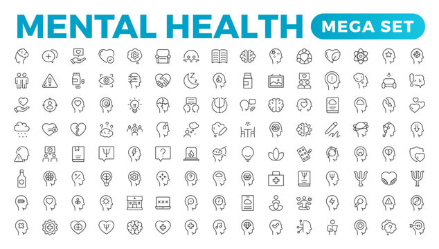 Mental health outline icon set. Containing depression, bipolar, PTSD, panic and mind disorder icons. Psychology solid symbol illustration.