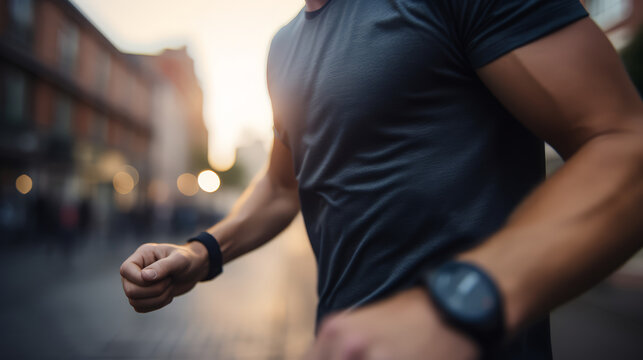 A sportsman  or runner on smart watch , ruuning,  good workout session on city park.
