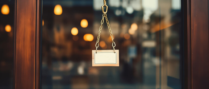 A sign with space for text hanging in cafe  shop or restaurant front glass door