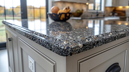 Close-up of a granite countertop with shimmering specks and natural variations, providing a high-end feel. Minimal and Simple,