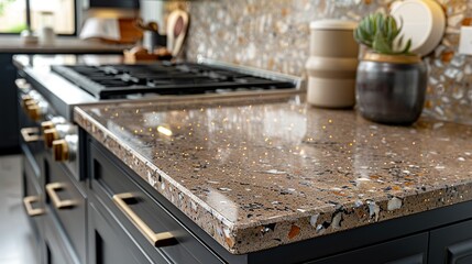 Close-up of a granite countertop with shimmering specks and natural variations, providing a high-end feel. Minimal and Simple,