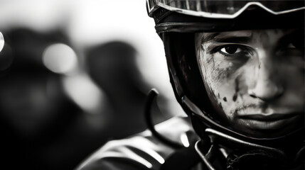 Closeup portrait of a man in helmet, black and white, racing , motosport.