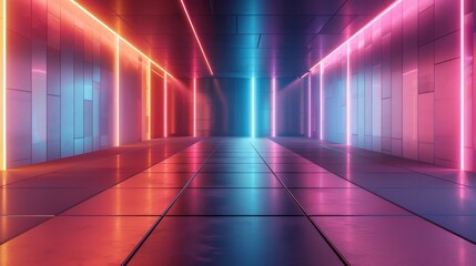  futuristic wall and floor background with neon lights and reflective surfaces.