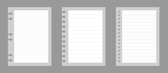 Set of notebook sheets isolated on gray background. Realistic white blanks of lined paper. Different vertical pages from diary. Vector template.