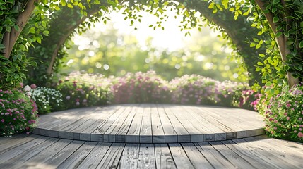 Outdoor podium background set in a picturesque garden. Lush greenery and colorful flowers surround the podium. Natural sunlight with dappled shadows creates a serene setting