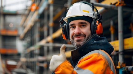 Middle Eastern worker wearing safety hardhat and hearing protection at construction site, smiling and giving thumbs up, promoting safe behavior and positivity in workplace to eliminate risk