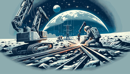 Conceptual image of a robotic lunar base construction. 
Vector illustration.