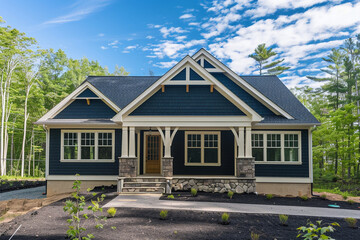 Front view of a newly constructed craftsman style sapphire house with ivory accents, in a serene woodland.