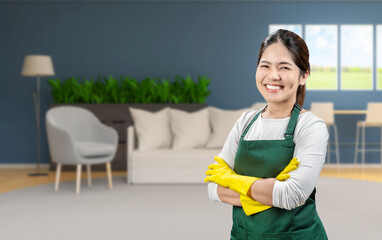 Asian housekeeper wear gloves apron