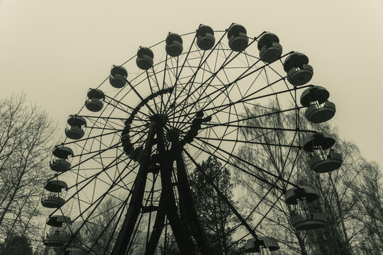Ferris wheel in abandoned amusement park in a ghost town Pripyat, Ukraine. Chornobyl exclusion zone