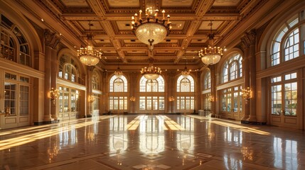 Obraz premium Ballroom in Historic Building Featuring Tall Windows