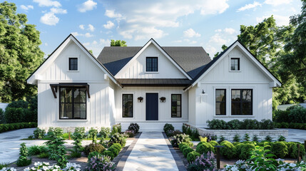 Front view of a newly constructed craftsman style white house with navy accents, surrounded by a peaceful garden, blending modern and classic architecture.