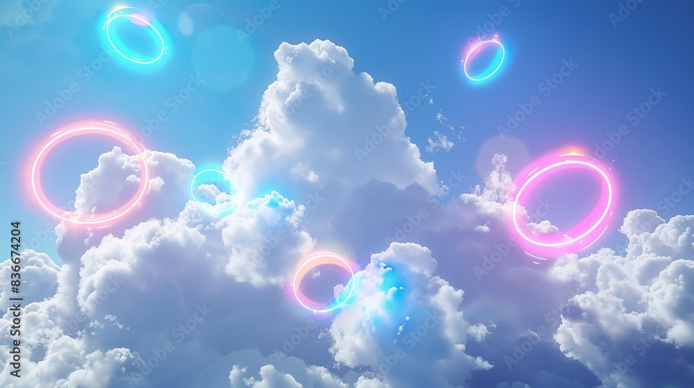 Poster sky full of clouds with glowing circles in the middle. the circles are neon and the sky is a deep bl