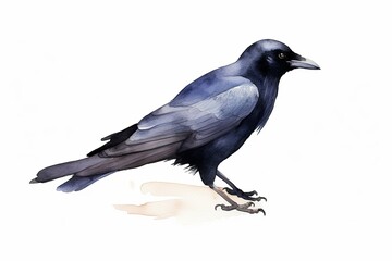 Fototapeta premium A black crow with a dark blue hue stands on a white background. Watercolor painting.