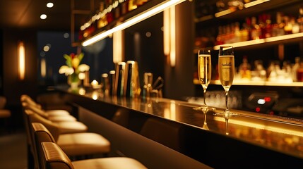 Sophisticated bar interior with drinks on the counter, romantic atmosphere.
