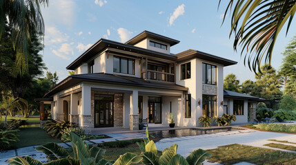 Fototapeta premium Luxurious Craftsman Style New Construction Cocoa House with Sleek, Contemporary Features in a Peaceful Riverside Setting