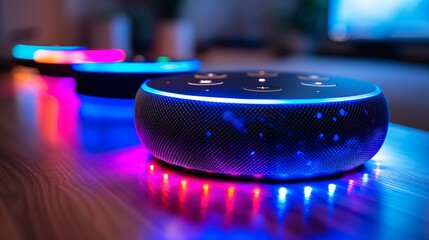 Detailed view of a smart speaker with voice control features, showcasing the advancements in artificial intelligence. Minimal and Simple,