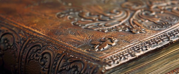 Obraz premium A closeup of a vintage leather-bound journal, focusing on the aged leather cover, worn corners, and intricate embossed design.