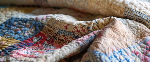 Fototapeta premium A closeup of a vintage quilt, highlighting the hand-stitched patterns, faded fabrics, and slight wear on the edges.