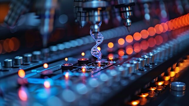 Close-up of a DNA sequencing machine, emphasizing the advancements in biotechnology and genetics. Minimal and Simple,