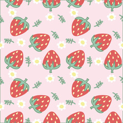 Vector drawing of strawberries, leaves and daisies on a pink background in a cute, bright style for fabric design. Gift wrapping paper, bags, book covers, wallpaper, curtains,seamless work.
