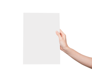 Woman hand holding blank paper label and mockup for design advertising on gray background.