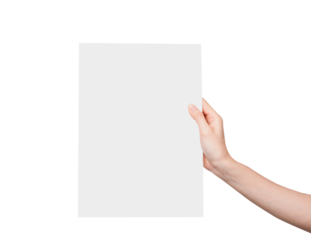 Woman hand holding blank paper label and mockup for design advertising on gray background.