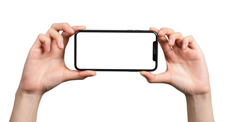 Hand holding smartphone mockup of blank screen for graphic display montage.