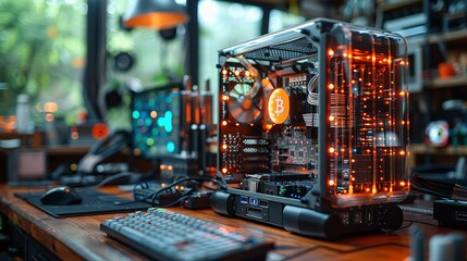 Close-up of a cryptocurrency mining rig with visible components, highlighting the technology behind digital currencies. Minimal and Simple,