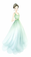 Fototapeta premium Elegant woman in a flowing green and white gown, standing gracefully on a white background.