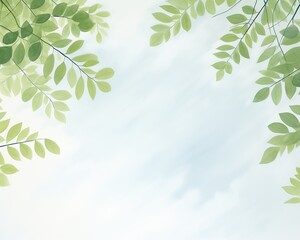 Obraz premium Green leaves frame a soft blue sky, creating a natural and airy backdrop.