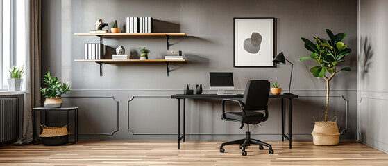 Modern Professional Home Office Setup with Black Desk, Chair, and Minimalist Bookshelf on Light Grey Wall