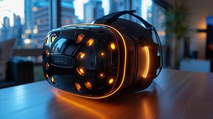 Detailed shot of a virtual reality headset with glowing lights, capturing the excitement and innovation of immersive technology. Minimal and Simple,
