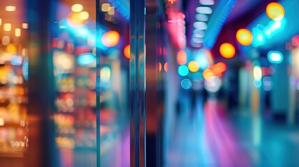 Fototapeta premium Blurry background of supermarket with bright multicolored lights illuminating the produce section.