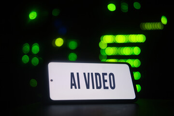 AI video on the phone screen on the background of the server room. Smartphone movie with artificial intelligence neural network