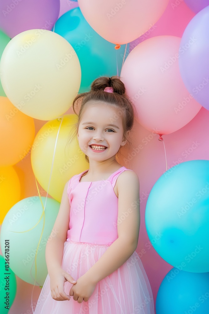 Canvas Prints a little girl in a pink dress with colorful balloons