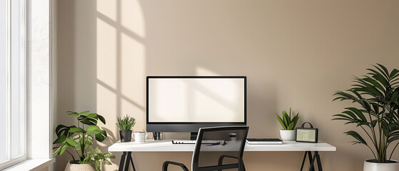 Contemporary Minimalist Home Office with White Desk and Black Chair on Beige Wall Background for Professional Work Environment