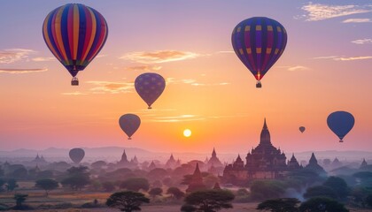 Obraz premium Magical Sunrise: Hot Air Balloons Floating over Bagan Temples in Myanmar